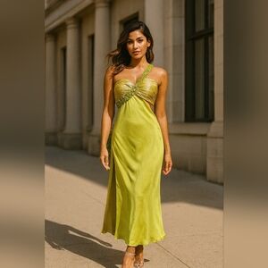 One-shoulder Lime Green evening gown. Size 8. Beading Detail